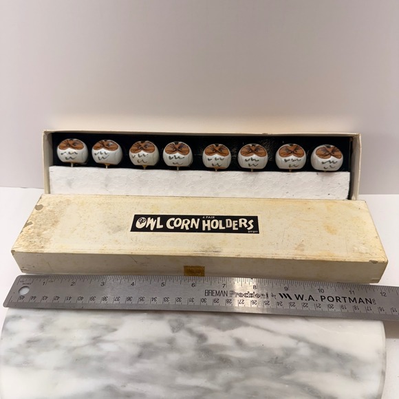 Vintage '72 Fitz & Floyd Owl Corn Holders 4 Pair Japan Pottery whimsical‎ w/ box - Picture 12 of 16